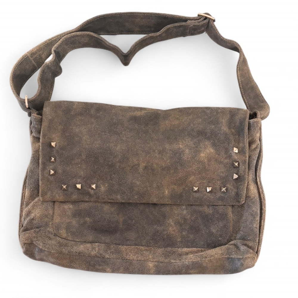 Marco Buggiani Genuine Leather Messenger Bag Brown Studded Made in Italy